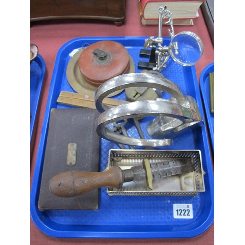 1222 - Magnifier, Bedlington tape, keys, geometry items, keys, etc:- One Tray