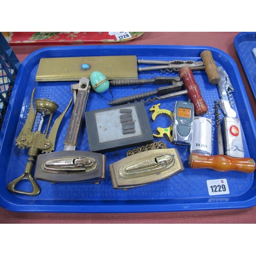 1229 - Ronson Table Lighters, cigar cutter, corkscrews, etc:- One Tray.