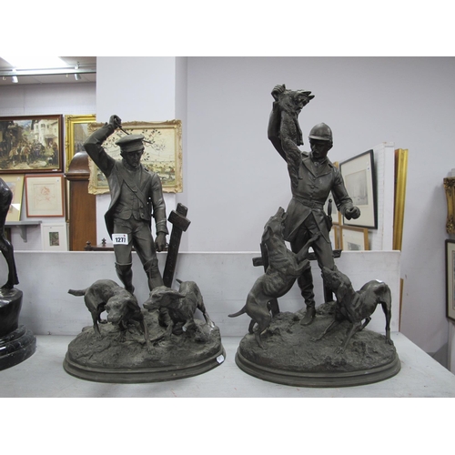 1277 - A Pair of Early XX Century Spelter Figures of Huntsmen with Hounds and Fox, raised on rocky mounds o... 