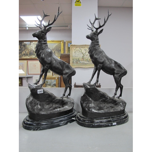 1283 - After J. Moigniez (French, 1835-1894), two Bronze Models of Stags, modelled on a naturalistic rocky ... 