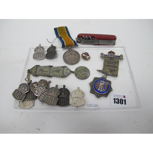 1301 - Ten Silver A.R.P Badges, silver buffalo medal, WWI silver medal to 8734 Pte J.E Woolfenden R. Fus. E... 