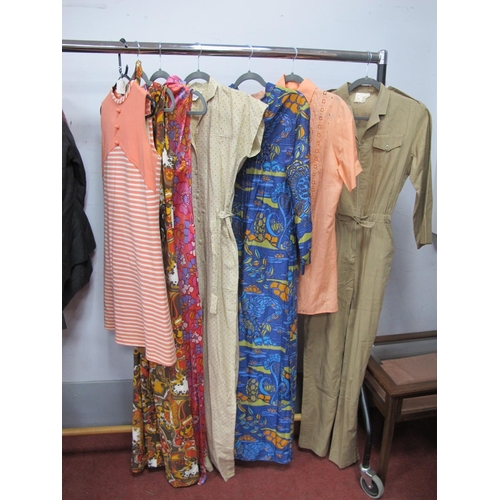 1386 - A c.1970's Courtelle Sleeveless Tunic and Two Pairs of Matching Bell Bottom Trousers, five 1970's ju... 