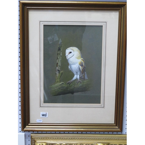 1412 - Rex Flood (1928-2009)*ARR, Study of an Owl Perched on a Branch, watercolour, signed lower right, 32... 