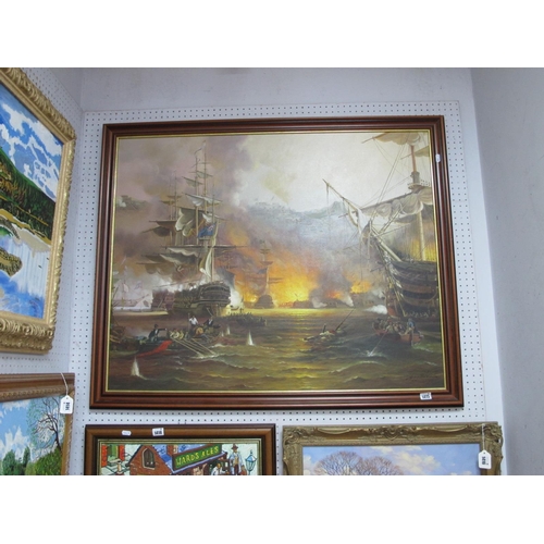 1415 - Contemporary, Masted Ships on Fire by a Shoreline, oil on panel, signed indistinctly lower right, 78... 