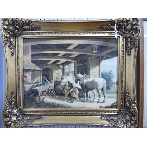 1440 - Glynn Williams (Contemporary) *ARR, A Farrier with Two Horses in a Stable, oil on panel, signed low... 