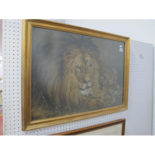 1442 - F. ****, Study of Resting Lions, oil painting, signed indistinctly lower left, 46.5 x 66.5cm, later ... 