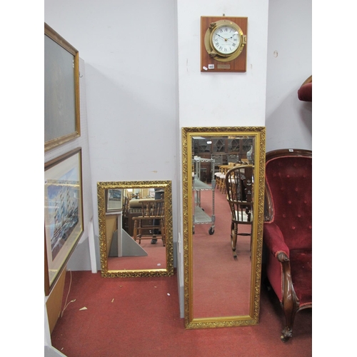 1455 - Two Gilt Framed Rectangular Wall Mirrors, the longest 127cm, Royal Mariner ships style clock. (3)