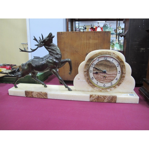 1461 - An Art Deco Mantle Clock, with surmounted spelter wounded stag, later movement, 65cm long.