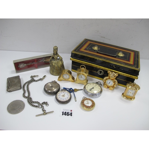 1464 - Five Pound, crowns, cutlery, plated vesta as a book, two silver cased fob watches, mini clocks, cash... 