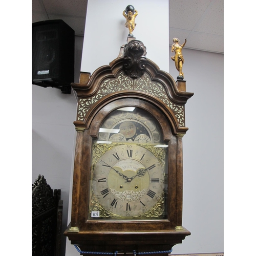 1472 - A XIX Century Paulus Bramer of Amsterdam Dutch Walnut Moonface Longcase Clock, the fretwork capped h... 