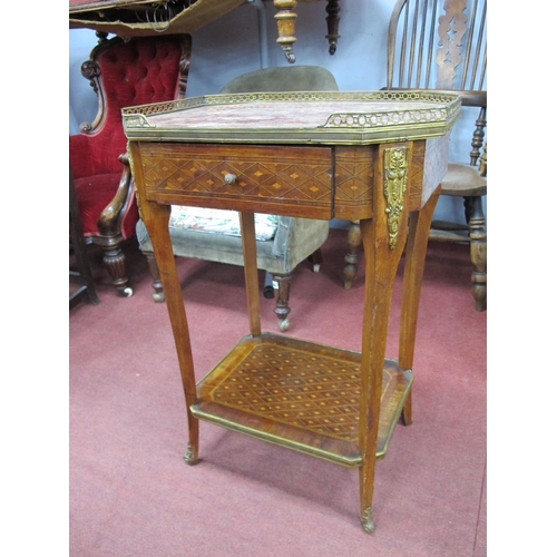 1490 - A XX Century Kingwood Side Table, with a gilded gallery and rouge marble top, single drawer on shape... 