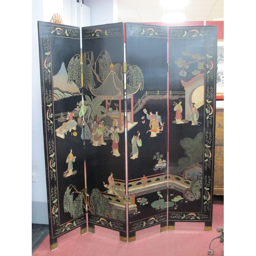 1496 - A XX Century Ebonised Eight-Sided Screen, decorated with figures.