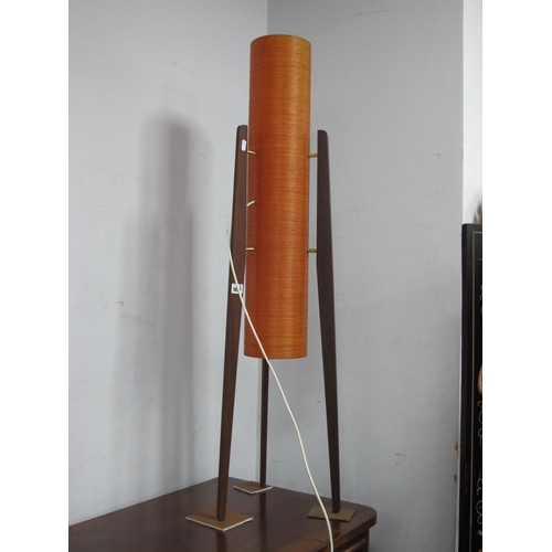 1497 - A 1960's Floor Standing Rocket Lamp, with orange spun fibre glass shade, on three shaped teak legs, ... 