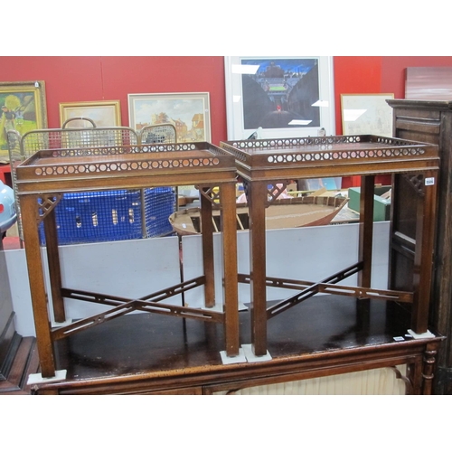 1506 - A Pair of Mahogany Lamp Tables, with pierced gallery tops, square supports with corner brackets unit... 