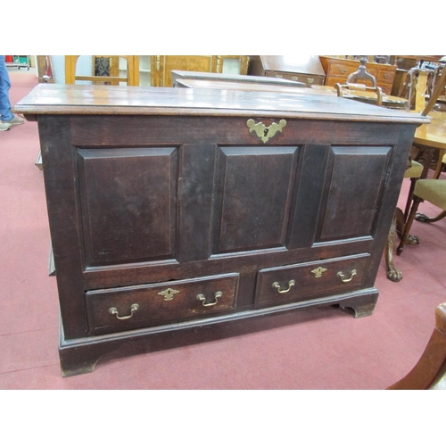 1538 - An XVIII Century Oak Mule Chest, with hinged top, triple panelled base over two small drawers on bra... 