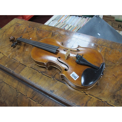 1349 - A XIX Century Violin, labelled Edward Withers, London, with a silver mounted bow, length of back 356... 