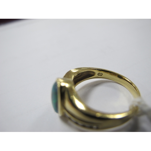 112 - An Australian Black Opal and Diamond Set Dress Ring, oval cabochon collet set to the centre, between... 