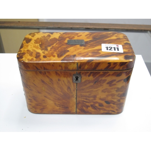 1211 - An Early XIX Century Tortoiseshell Tea Caddy, of rounded rectangular form with inset cartouche to th... 