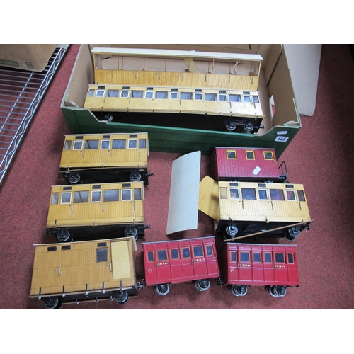 363 - Nine 'O' Gauge/7mm Kit Built Unboxed Coaches, seven four wheel, two maroon, five teak, two double bo... 