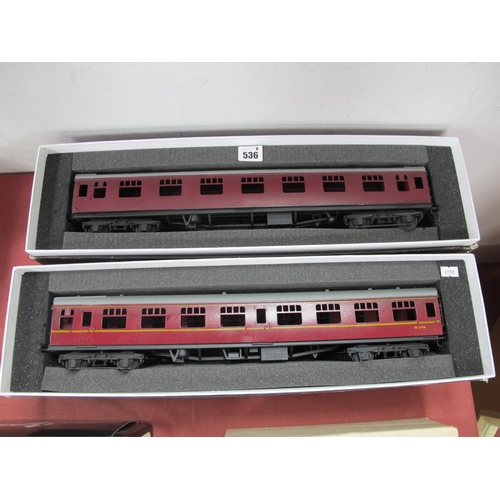 536 - Two Tower Models 'O' Gauge/7mm MK One Coaches, both in BR maroon livery and complete with bogies, et... 