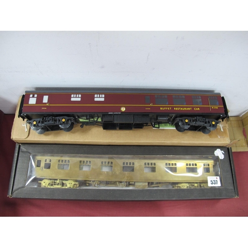 537 - Two 'O' Gauge/7mm MK One Coaches,  a Aquitrain BR maroon Buffet Restaurant Car - plus a all brass, u... 