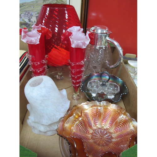 1013 - A Large Water Jug with Plated Lid, Carnival glass bowls, Ruby frill vases, shades, other glassware:-... 