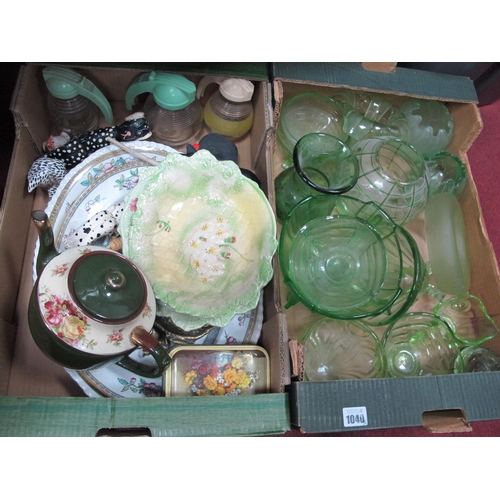 1040 - A 1930's Green Pressed Glassware, salad ware, meat plates, teapot, (chipped), hygene pourers etc:- T... 