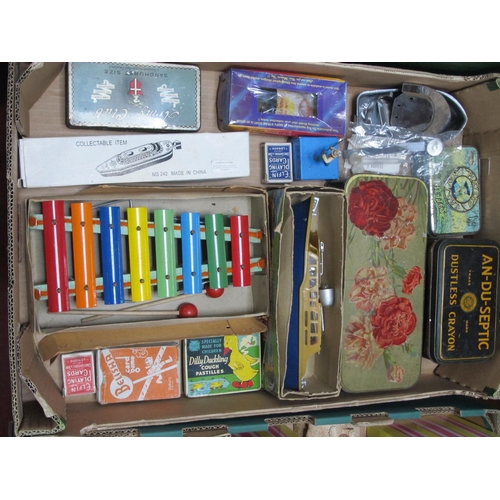 1060 - Codeg Xylophone, Hong Kong Police launch boat, other toys, tins, etc;- One Box