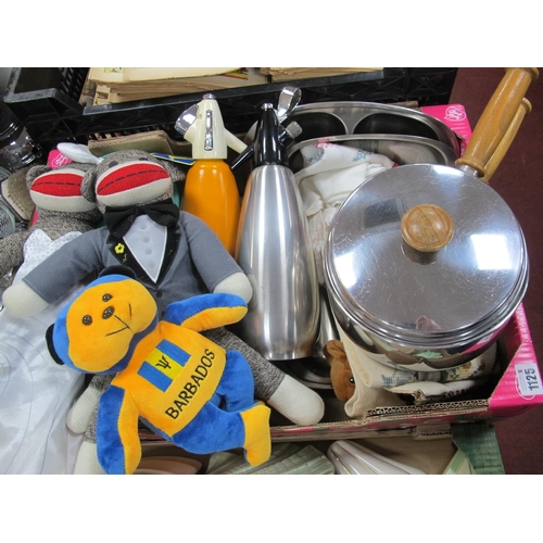 1125 - Kitchen Pans, Cavalier stainless steel dishes, soda syphons, sock monkeys, hanging tapestry, etc:- O... 