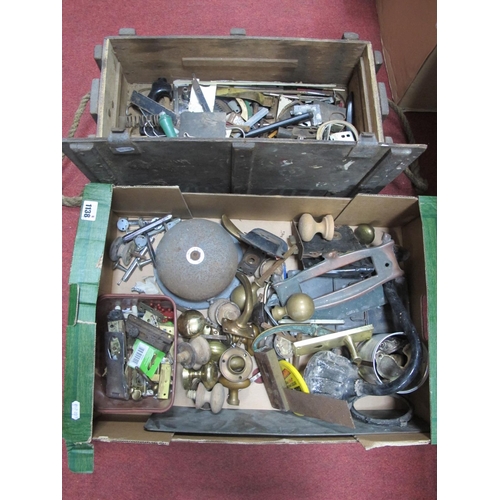 1138 - Brass Hinges, brass door knobs, etc; together with a Military Ammo box. (2)