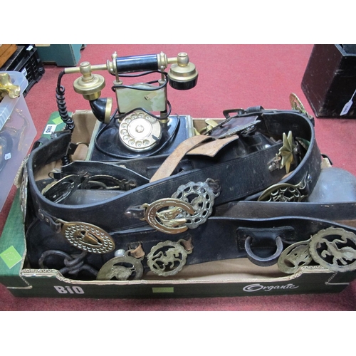 1145 - Onyx Telephone, horse brasses on leather straps.