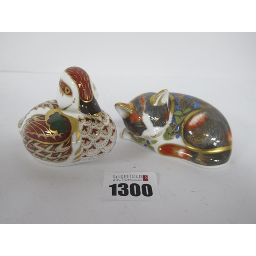 1300 - Royal Crown Derby Paperweights, Bakewell Duckling 6cm high, exclusive to John Sinclair, and Catnip K... 