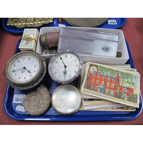 1449 - Two Smith's Car Clocks, mixed coinage, postcards, etc:- One Tray