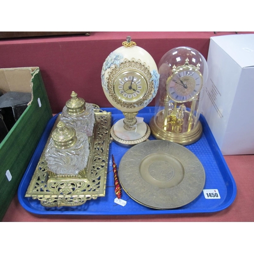 1450 - A Brass Desk Stand, with twin swirl glass wells, (chips), Ovoid and Hermle clocks, two plates:- One ... 