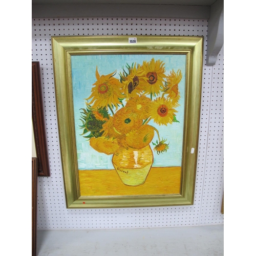 1520 - After Van Gogh, Sunflowers, late XX Century oil in canvas, in gilt frame, 60 x 44.5cm.