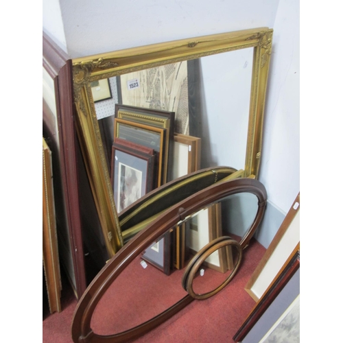 1523 - Edwardian Mahogany Oval Framed Wall Mirror, 86cm long, two gilt framed and one similar oak framed ex... 