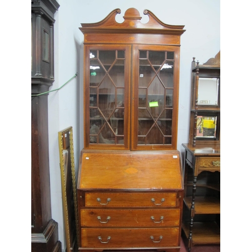 1660 - And Edwardian Mahogany Inlaid Bureau-Bookcase, top with a swan neck pediment, frieze, with batwing i... 