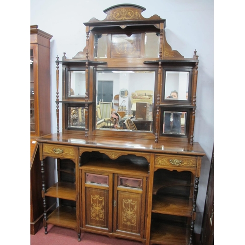 1662 - An Edwardian Rosewood Inlaid Side Cabinet, top with a arched pediment, two top mirrors, central mirr... 