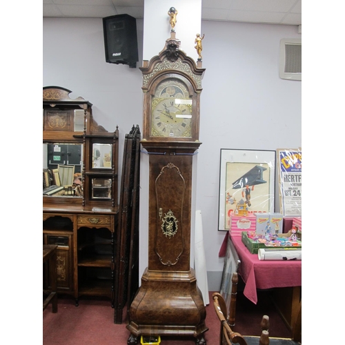 1664 - A XIX Century Paulus Bramer of Amsterdam Dutch Walnut Moonface Longcase Clock, the fretwork capped h... 