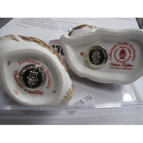 1300 - Royal Crown Derby Paperweights, Bakewell Duckling 6cm high, exclusive to John Sinclair, and Catnip K... 