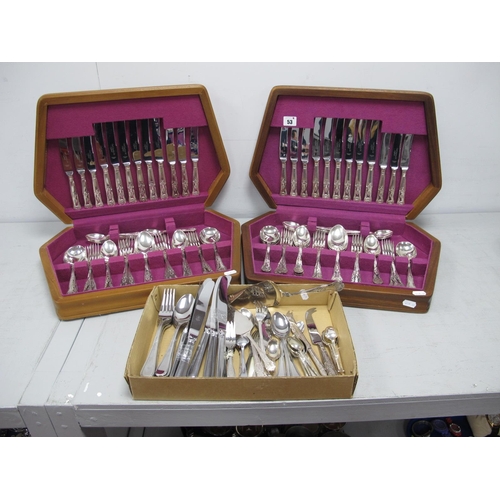 53 - Two Wooden Cased Canteens of Kings Pattern Cutlery, together with further plated cutlery.