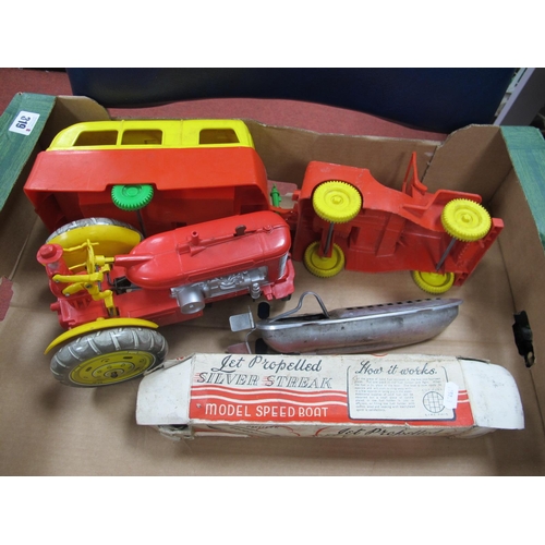 319 - A Combination Tinplate/Plastic Battery Operated Reversible Tractor Toy, plastic Willy's Jeep and Car... 