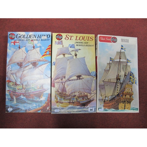 341 - Three Airfix Plastic Model Ship Kits, comprising of #09257-1 St Louis, #09258-4 Golden Hind, #09256-... 