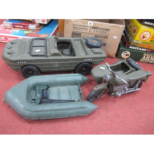 517 - A Vintage Action Man Amphibious U.S Army Vehicle, Cherilea motorcycle and sidecar, dinghy, small par... 