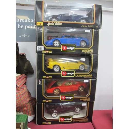 561 - Five Boxed 1:18th Scale Diecast Model Vehicles by Burago, Maisto comprising of Cod 3041 Lamborghini ... 