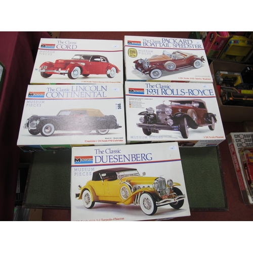 566 - Five Monogram 1:24th Scale Classic Automobile Plastic Model Kits, comprising of #8201, Duesenberg #2... 