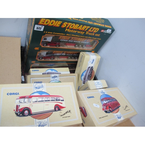 572 - Six Corgi Diecast Model Buses, to include #97170 Burlingham Seagull 'Woods', Leyland Tiger 'The Ribb... 