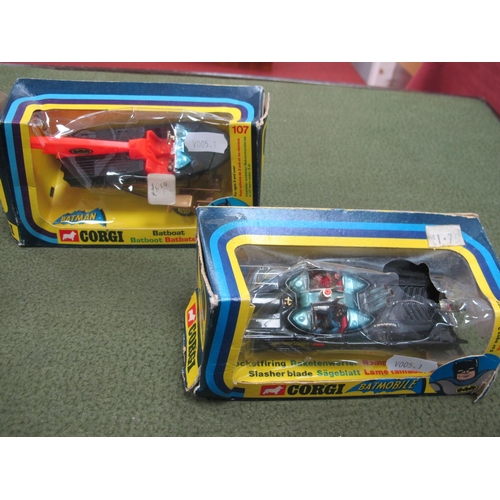 584 - Corgi #275 Diecast Model Batmobile (No Rockets),, #107 Batman Batboat and trailer, both boxed, crush... 