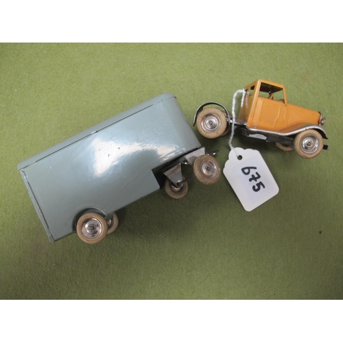 675 - A Triang Minic Clockwork Tinplate Model Mechanical Horse and Pantechnicon Trailer, light brown cab, ... 