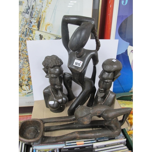 1015 - African Wooden Lady Figure, 44cm high, another seated with bowl by feet, a pair of busts 28cm high. ... 